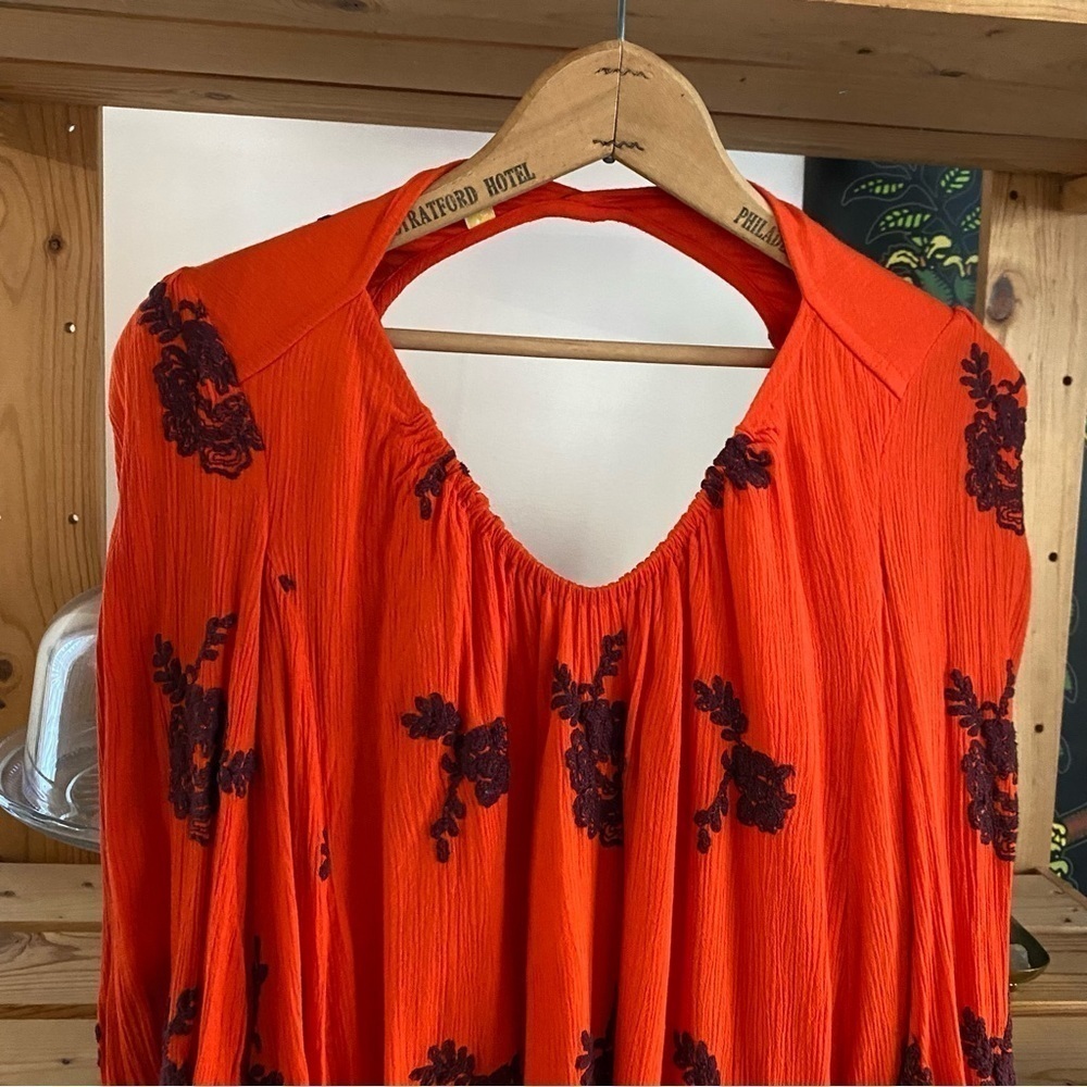 Free People Red Embroidered Austin V-neck Long Sleeve Mini Dress XS - Picture 6 of 15